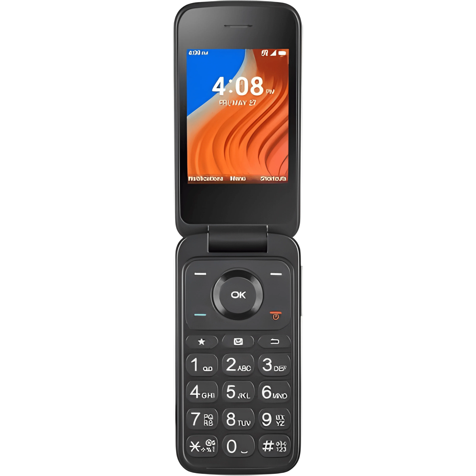 A black TCL Flip 2 mobile phone with a numeric keypad and a small screen, in a open position.